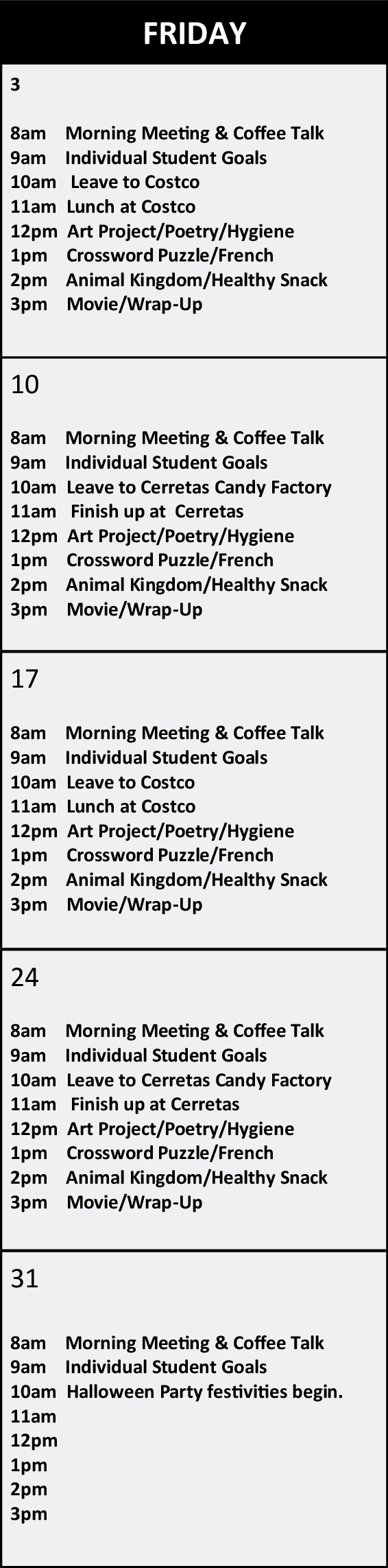 Phoenix Friday Calendar October 2025