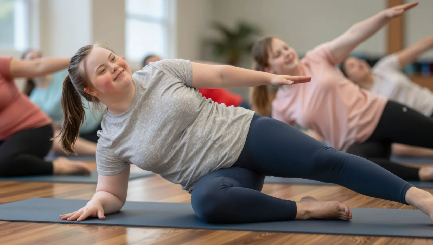 A young woman with IDD smiles while doing yoga with a group, showcasing inclusive program ideas for adults with IDD through fitness and movement.