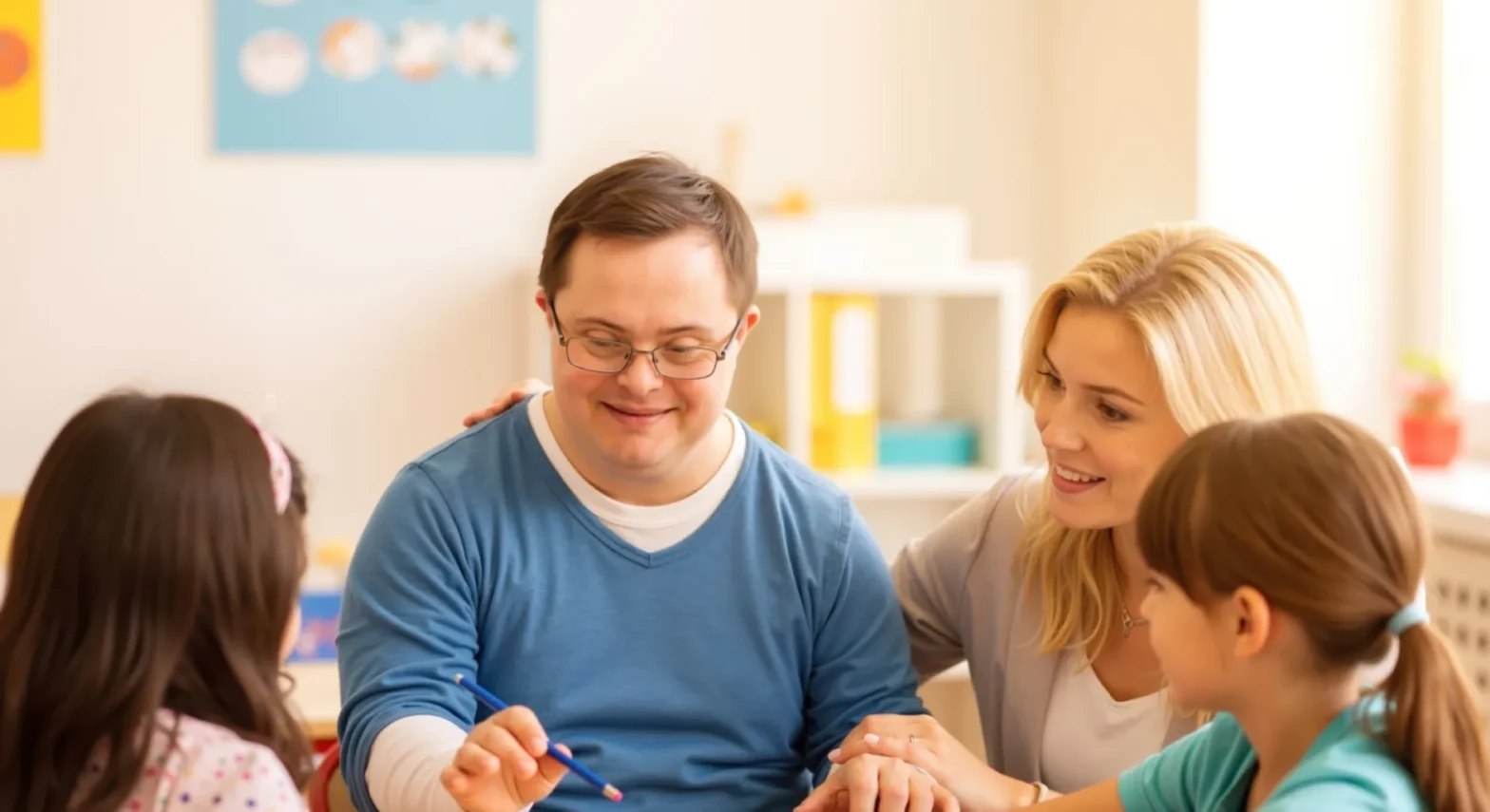 Teacher working with a man with Down syndrome and children at a classroom table, illustrating inclusive program ideas for adults with IDD.