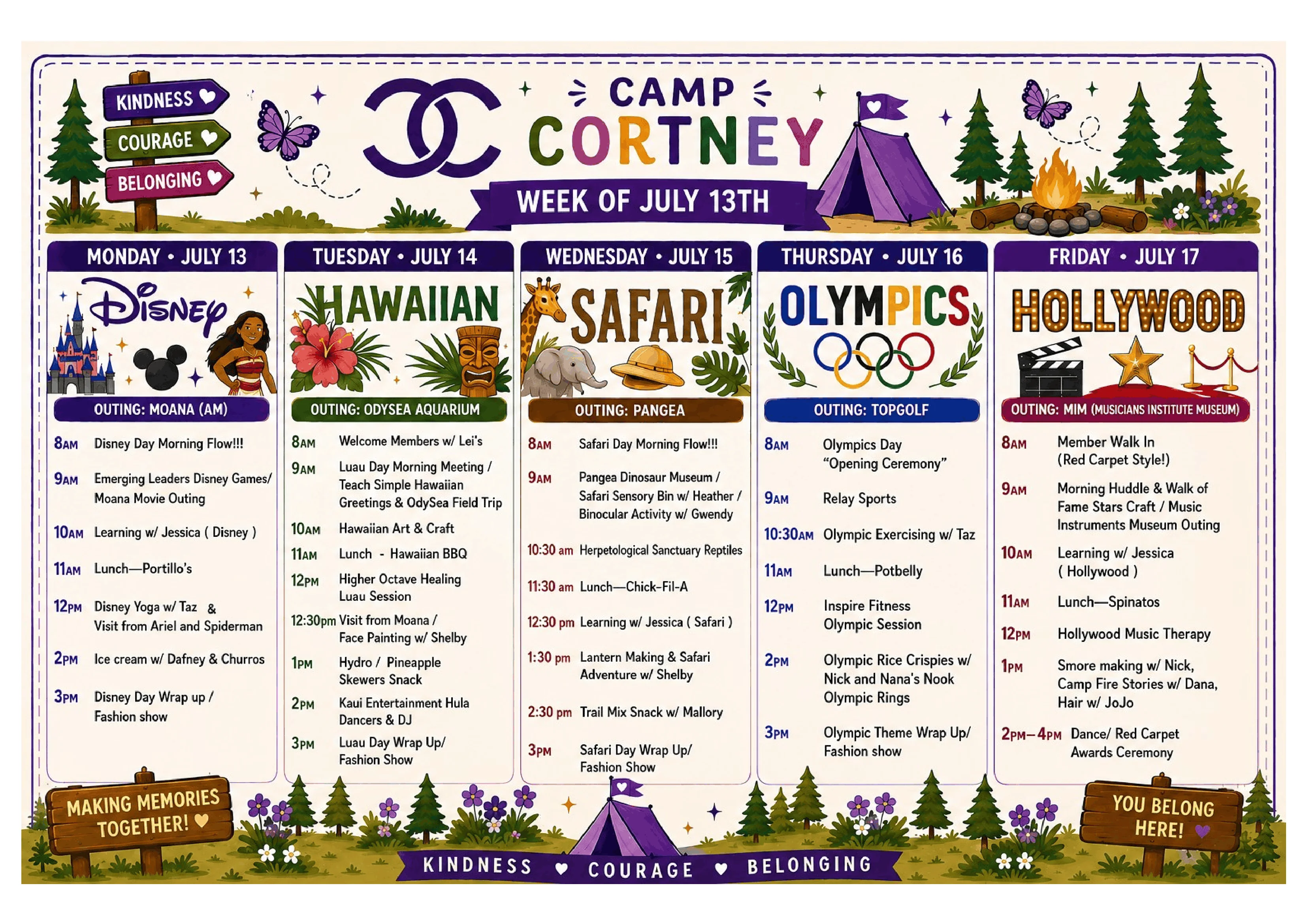 Camp Cortney Week of July 13th Calendar